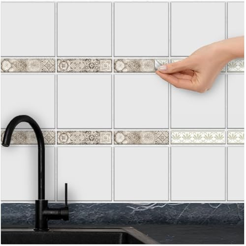 FoLIESEN - Fliesenaufkleber | selbstklebende Fliesen-Folie für Bad & Küche | Deko Klebe-Folie für Wandfliesen Küchenrückwand & Bordüren | Patchwork Vintage, .:5x20 cm / 16-tlg. Set