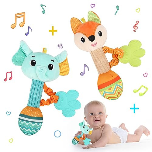 Venditer 2 Stück Baby Rassel 0-6 Monate, Greifling Baby Babyrassel Babyspielzeug Spielzeug für Kleinkinder 0-12 3 6 Monate Jungen Mädchen Geschenk