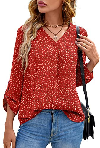 Yommay Women's Blouses Ladies Tops Elegant 3/4 Sleeve Chiffon Casual Fashion V-Neck T Shirts for Fall,Flower Wine Red,2XL