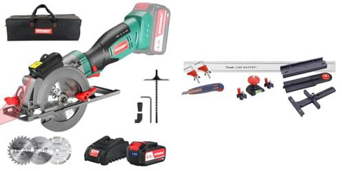Handkreissäge 18V, HYCHIKA mit 4,0Ah Akku 3500U mit 3 Sägeblättern (115 & 125mm) & kwb LINE MASTER Präzisionslineal– 800-mm Länge, Universal-Führungsschiene