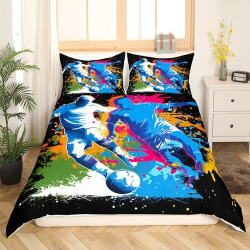 richhome Juego de funda de edredón con diseño de videojuegos de fútbol, tamaño doble, juego de ropa de cama de teñido anudado en acuarela para niños y niñas, funda de edredón con diseño de graffiti