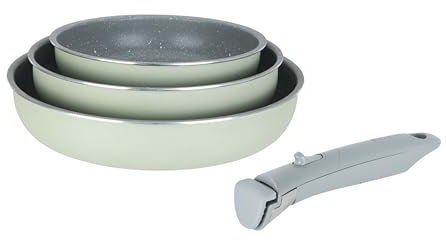 Sitram 716940 FAMILY - Juego de 3 estufas de aluminio (20,24,28 cm, revestimiento antiadherente de cerámica con efecto piedra, color verde, mango extraíble SITRAMOVIBLE, para todo tipo de fuegos,