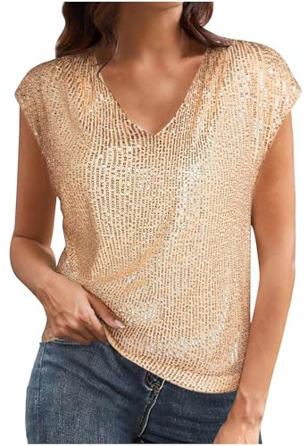 ANHATUIV Haut à paillettes pour femme - Grande taille - Manches courtes - Col en V - Tunique élégante - Haut habillé pour femme - Haut caraco pour soirée, festival, boîte de nuit, doré, 3XL