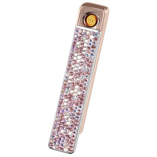 Mechero eléctrico con estrás, recargable por USB, sin llama, resistente al viento, pequeño para mujer, regalo con caja (rosa)