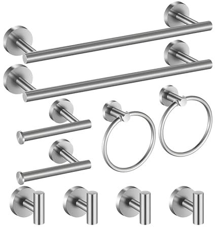 10 Piezas Toalleros de Baño Juego de Accesorios-XXINLOOY, 2*Toallero Barra +2*Portarrollos para Papel Higiénico +2*Toallero de Anilla+4*Gancho para Pared,Acero Inoxidable (Cepillado)