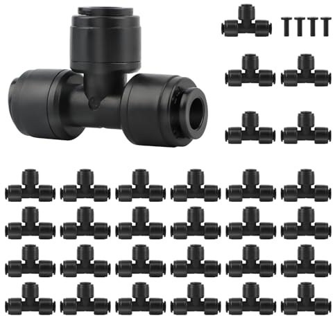 Kalolary 30PCS Conectores en T Rápidos 1/4 para Riego por Goteo con 4PCS Tapones Finales, Racores Push-Fit para Tubo de 1/4 Pulgada, Conexión Sin Fugas para Sistemas de Riego (30pcs tee Connectors)