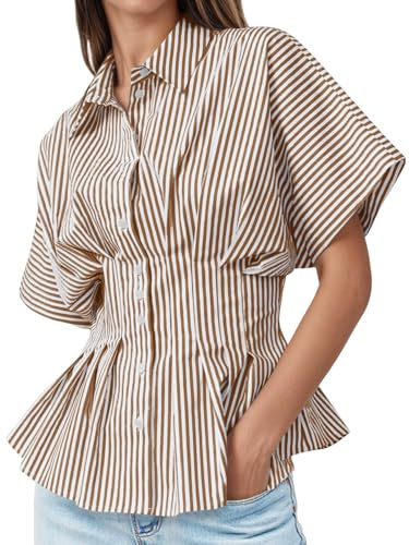 Tankaneo Womens Striped Peplum Button Down Shirts Short Sleeve Pleated Tops Summer Business Casual Blouses Brown