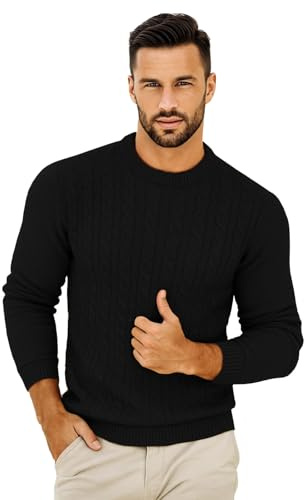 VEARZ Unisex Mens Casual Lightweight Crew Neck Winter Jumpers Cable Knitted Pullover - Adults Classic Soft Long Sleeve Thermal Sweater Tops for Men UK, Black XL