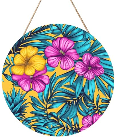 Letrero de bienvenida de madera con hojas de palma, hibisco, flores, piñas, para puerta delantera, 30 cm, redondo, para colgar en la pared, decoración de granja