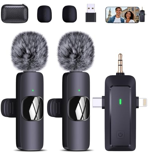 Wireless Lavalier Microphone for iPhone/Android/Camera/Computer - 4 in 1 Clip-on Microphone with Noise Reduction for Outdoor Vlogging, Interview, TikTok, Live Streaming,Video Recording