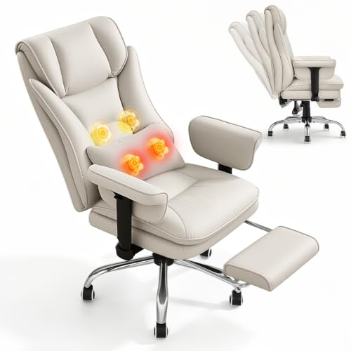Warmiehomy Massage Office Chair Heated, 155° Recline Chair with Footrest | Breathable & Quick-Dry Tech Fabric, 4-Point Heated, Ergonomic Lumbar Pillow, Heavy Duty, for Home Office, White