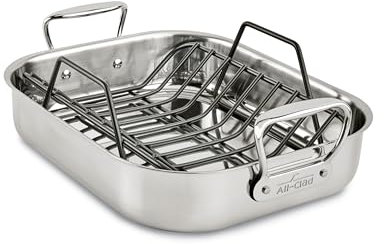 All-Clad E752S264 Stainless Steel Dishwasher Safe Small 11-Inch x 14-Inch Roaster with Nonstick Rack Cookware, 14-Inch, Silver