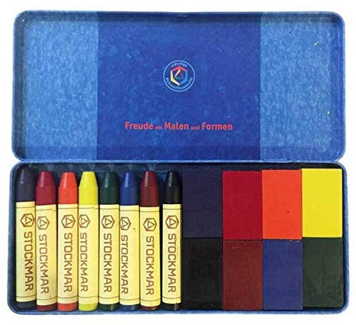 STOCKMAR Beeswax Crayons & Wax Blocks Combined Set - 8 Block and 8 Stick Crayons with Scraper in Tin Case – Vibrant Assorted Colors, Natural Beeswax Art Supplies for Beginner & Professional Artists