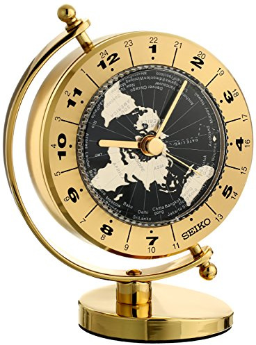SEIKO QHG106GLH Brass Globe Non Ticking Desk and Table Clock with 24 Time Zones, Gold, 5 x 4 Inches