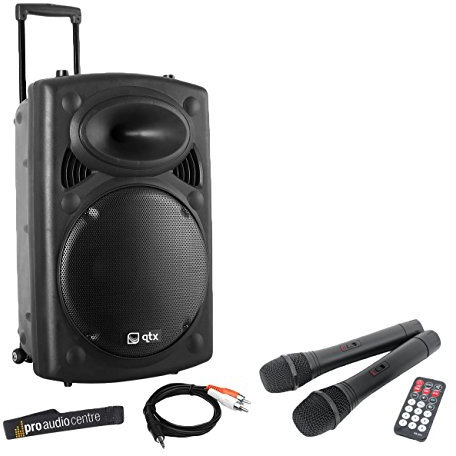 QTX QR12PA Portable PA System with Wireless Handheld Microphones, Battery Powered VHF Speaker and iPod Connection Cable