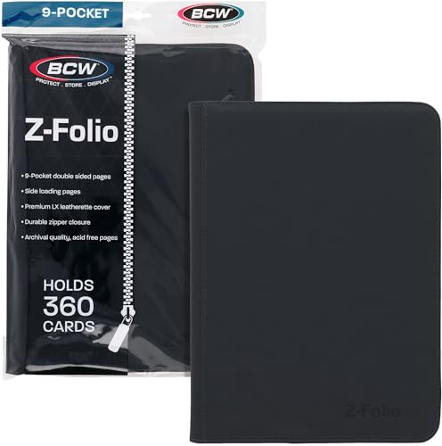 BCW Z-Folio 9-Pocket LX Album - Black | Secure Zipper Card Organizer | Premium Leatherette Card Collection Binder | Trading Card Binder for Pokemon, MTG, Sport Cards and More