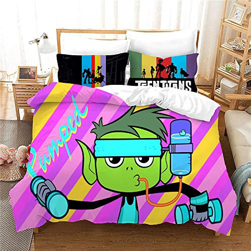 NICHIYO Teen Titans Bettwäsche Set - Bettbezug und Kissenbezug,Mikrofaser,3D Digital Print dreiteiliger Bettwäsche(Bettbezug + Kissenbezüge) (16,Doubie 200 * 200cm)