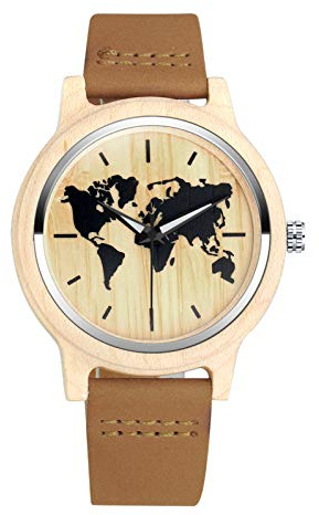 MicLee Reloj de pulsera para hombre y mujer, reloj de madera de bambú, reloj de madera con mapa del mundo, correa de cuero, reloj de cuarzo de madera natural, reloj decorativo casual, marrón, Correa