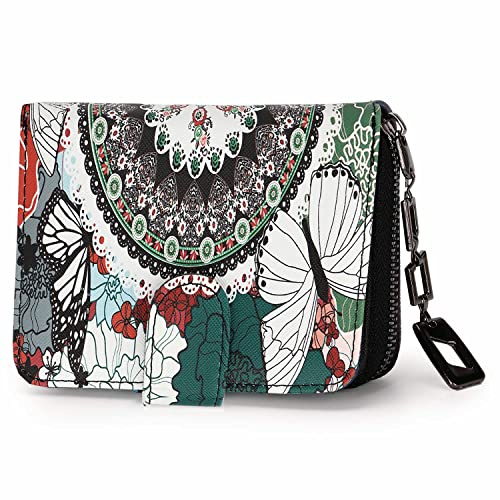 MoFut Monedero Tarjetero Mujer pequeño, Monedero para Mujer con Estampado de Flores y Flores en Estilo Mandala y étnico, con Cremallera y botón de presión y Muchos Compartimentos - Mariposas