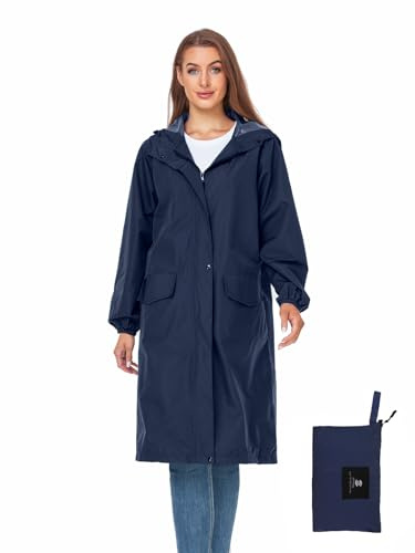 SaphiRose Women's Long Rain Jacket Waterproof Lightweight Hooded Raincoat Packable Knee Length Rain coat, Navy, Medium