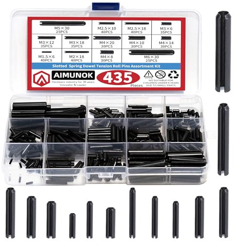 AIMUNOK 435-Piece Roll Pin Assortment Kit - Slotted Tension Pins, Split Dowels & Expansion Spring Pins - Includes M1.5 to M6 Sizes (13 Types) - Durable Spring Steel for Secure Fastening