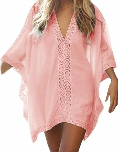 YouKD Blommig klänning med spets för kvinnor, kaftan med lös passform, rymlig kimono, täckande strandklänning för baddräkt, E rosa, en storlek