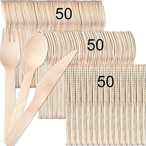 NEEDFULON 150pcs Disposable Wooden Cutlery Set, Excellent quality, Eco Friendly Biodegradable & Compostable For Party Picnic Office Wedding & Indoor/Outdoor use, Deep spoons strong forks sharp knives.