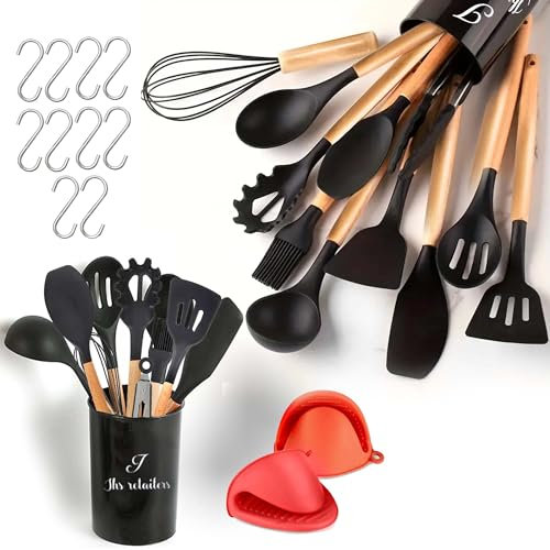22 Pcs Black Silicon Kitchen Utensils Set with Holder-BPA Free Silicone Cooking Utensils Set for Non-Stick Pans-Heat Resistant Wooden Handle Silicone Spatulas for Cooking, Used as Camping Utensils Set