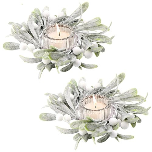 2Pcs Christmas Candle Rings Artificial Mistletoe with Berry Accents Small Wreaths for Pillars Xmas Table Decoration Centerpiece Wedding Party Home Decor (Green)