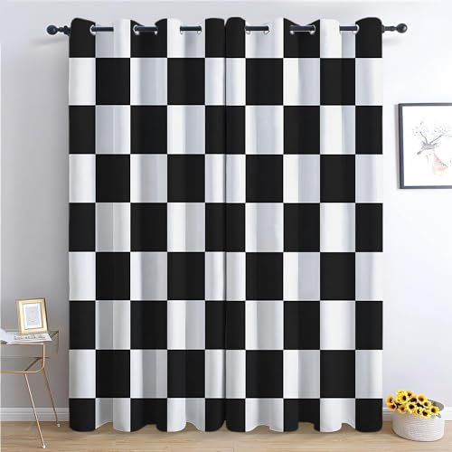 Thermal Insulated Blackout Curtains, 92 x 54 Inch, Geometric Striped Checkerboard Printed Noise Reducing Energy Efficient Curtains, Light-Colored Treatments Insulated Drapes for Bedroom, Kids Nursery