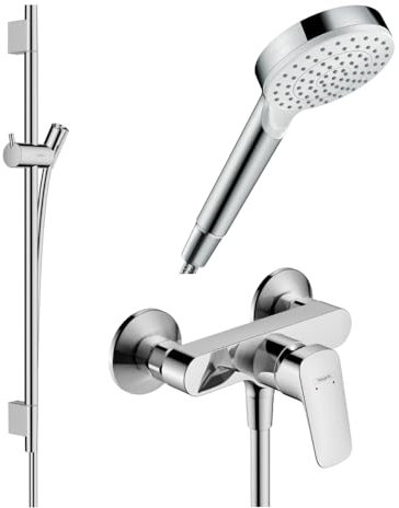 Pack mitigeur douche mécanique HANSGROHE Logis + Barre Unica S Puro + flexible + Pommeau Crometta blanc/chromé