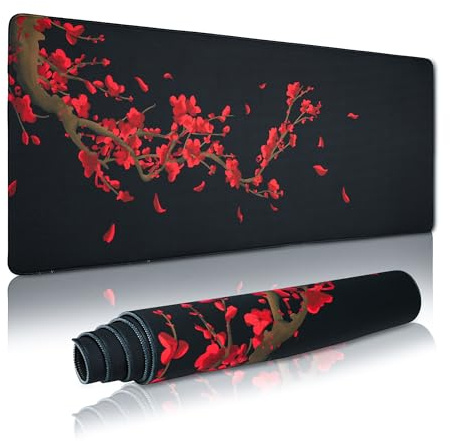 GMKWTL Large Gaming Mouse Pad for Desk, Black Plum Blossoms XXL Mouse Pad, 35.4x15.7 Inch, Waterproof, Non-Slip Rubber Base