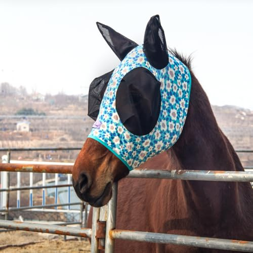 Horzmetnex Stretchy Horse Fly Mask with Ears,Extra-Large Eyes & Mane Opening – Soft, Breathable Fly Mask for Horses, Tangle-Free Design, Enhanced Visibility (Blue Flower, Full (Large))