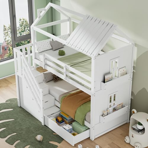 Dolamaní Letto a castello per 2 bambini, 90 x 200 cm, letto per fratelli con scale e cassetti e mensole, extra grande, legno di pino (bianco)