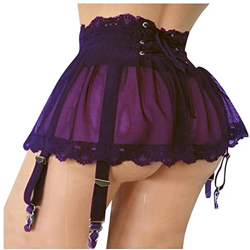 mini jupe courte sexy pute transparent,Mini Jupe Porte-Jarretelles Sexy avec Culotte, Porte-jarretelles Lingerie Mini Robe Transparente Malla avec 4 Clips, 2 Pièces Mini Jupe Taille Haute (Purple, XL)