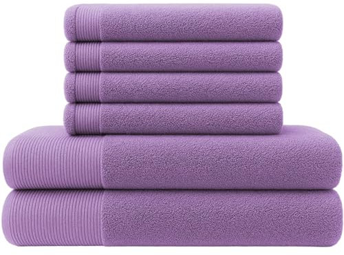NOVOTEXTIL Toallas Baño – Juego de 2 Toallas Ducha 70x140 y 4 Toallas Cara 30x50 – 100% Algodón 480 g/m2 – Suaves y Absorbentes – Set Toallas para Ducha y Tocador (Lila)