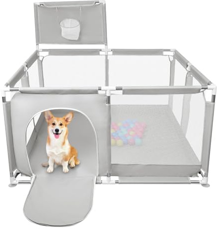 Parc pour Chiots Ou Petits Chiens, Clôture Solide en Tissu épais Et Filet en Nylon Haute Résistance,Parc à Chiots avec Porte, Lavable en Machine, Intérieur/extérieur,126 x 126 x 66 cm - Gris Clair