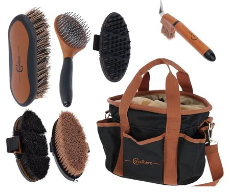 Covalliero - Set per la cura del cavallo, 7 pezzi con custodia per la pulizia – Spazzole, Striegel & Raschietto per la cura dei cavalli, set completo per pelliccia, criniera e zoccoli | incluso