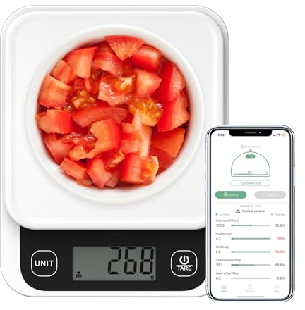 Fitdays Food Scale with Nutritional Calculator, Digital Kitchen Scales Calorie Counting for Weight Loss, Smart Food Weight Scale with App for Calorie Cooking, Grams, Ounces, 11lb/5kg (KP2048B-UK)