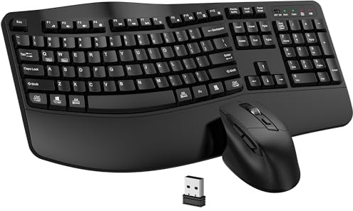 Wireless Keyboard and Mouse Combo, EDJO 2.4G Full Size Wave Keys Ergonomic Keyboard with Wrist Rest and 3-Level DPI Adjustable Wireless Ergonomic Mouse for Windows, Mac OS Desktop/Laptop/PC(Black)