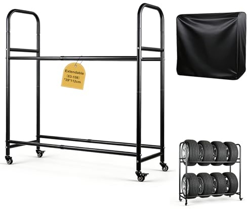 EXLECO Verstellbar Reifenregal bis zu 8 Reifen, Regallänge 63-108cm, Werkstattregal mit Schutzhülle & Lenkrollen, Garage Reifenhalter, Felgenständer, Beschichteter Stahl Schwarz Tragkraft 100-200kg