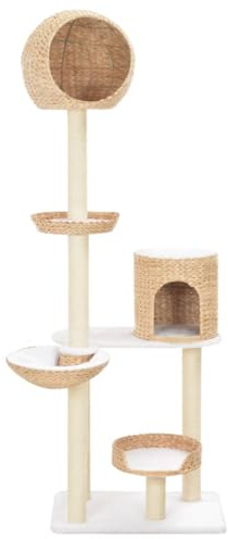 LoogCape Katträd sisal sjögräs med grotta hängmatta klättertorn för lägenhet och balkong, 180 cm, stabil takspännare, med 4 korgar, liggyta, lätt att rengöra och montera