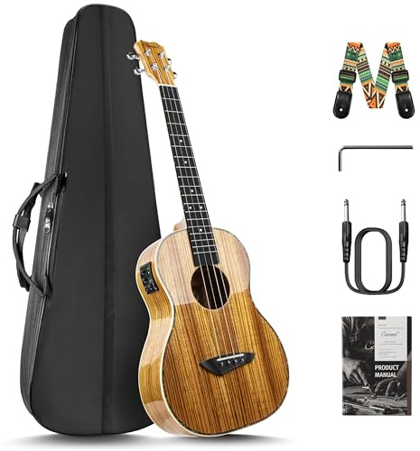 Caramel 30 inch CB103 Zebra wood High Gloss Baritone LCD color display Electric Ukulele Professional Ukelele Kit Beginner Travel Guitar Starter Pack Bundle, Padded Gig Bag, Strap Set