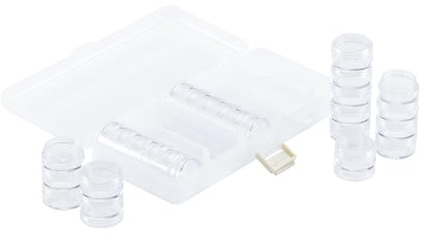 Vaessen Creative Boîte de Rangement - 25 Pots de Ø 3 cm x 1,5 cm - Plastique - 18,5 x 8,5 x 3,2 cm - pour Album Photo de Classe, Accessoires Diamond Painting et Scrapbooking