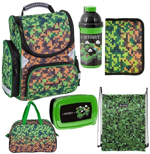 Goldkids Game Pixel Schulranzen ergonomischer Ranzen Federmappe Turnbeutel Sporttasche Trinkflasche Brotdose 6er-Set. Geeignet ab der ersten Klasse der Grundschule.