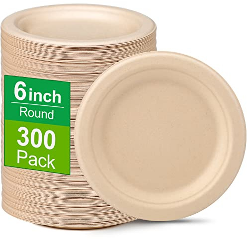 Greconv 300 Pack 6 inch Paper Plates, Small Paper Plates Bulk, Disposable Dessert Paper Plates, Compostable Plates Made from Sugarcane Fibers, Recycled Plates, Brown