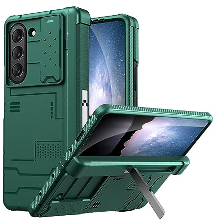 Miimall Coque pour Samsung Galaxy Z Fold 5 avec Couvercle Coulissant de Objectif de Appareil Photo+Support+Protection de Charnière, Protection Renforcée Aux Quatre Coins pour Galaxy Z Fold 5 (Vert)