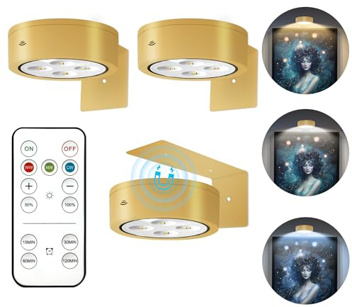 3Pcs Battery Operated Picture Light, Magnetic Led Painting Light with Remote Dimmable and Timer, 3 Lighting Modes Art Display Light for Picture Frame Paintings, Wireless Wall Decor Puck Lights, Gold