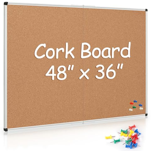 Board2by Cork Board Bulletin Board 36 x 48, Silver Aluminium Framed 4x3 Corkboard, Foldable Office Board for Wall, Large Wall Mounted Notice Pin Board with 36 Push Pins for School, Home & Office