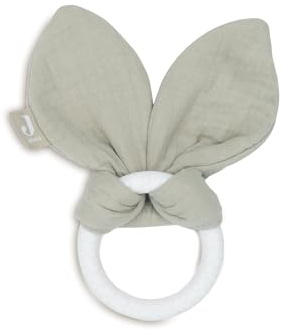 Jollein Beißring Baby Bunny Ears Olive Green - Baby Greifling - Baumwolle - Silikon Ring - Zahnungshilfe - Baby Spielzeug